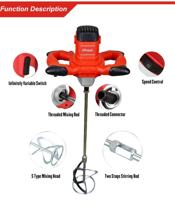 1200W Handheld Portable Concrete Mixer for Cement Grout Mortar Plaster - תְמוּנָה 2
